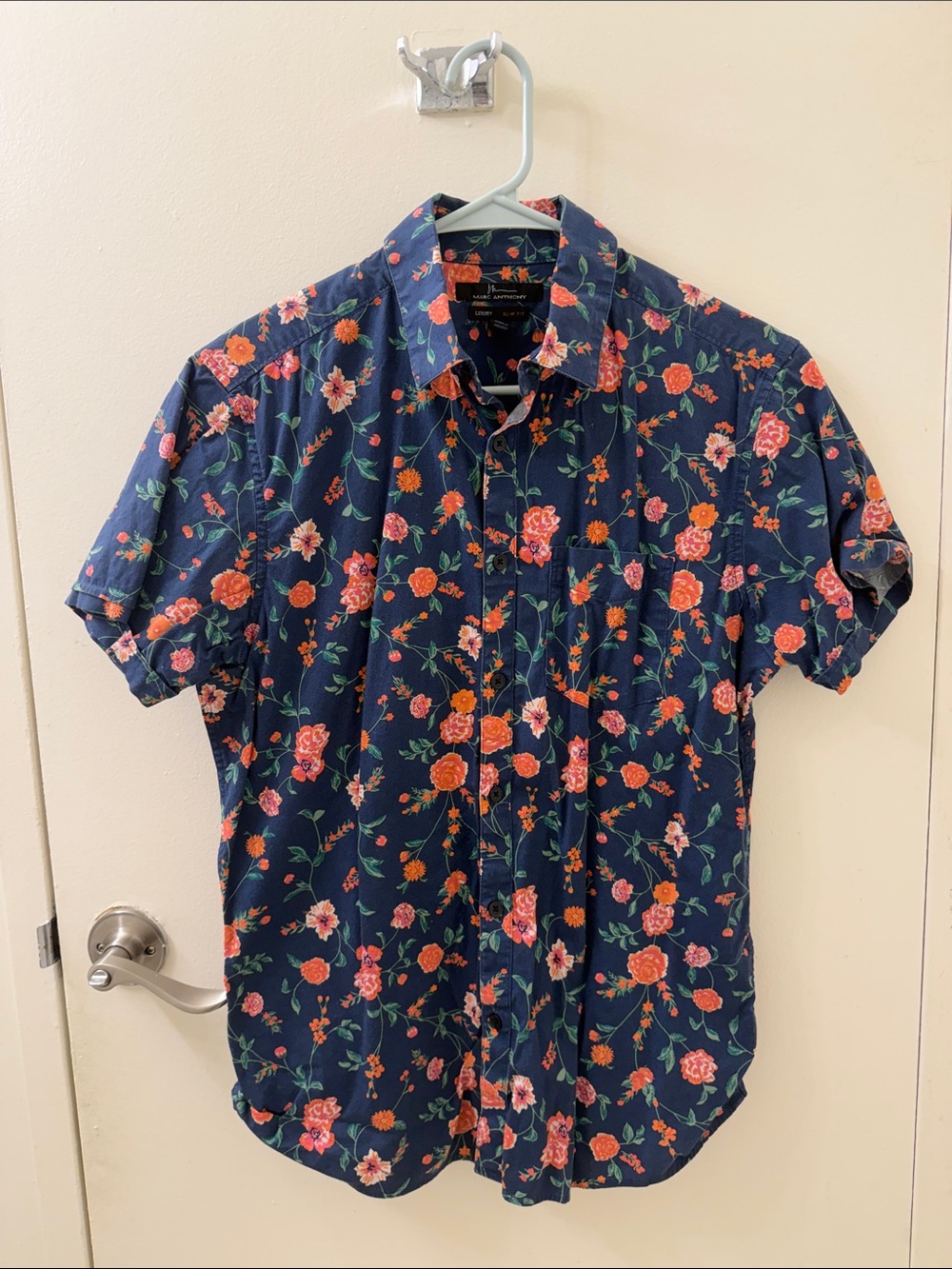 Marc Anthony Navy Short-Sleeve Floral Button-Down Shirt with Coral Blooms